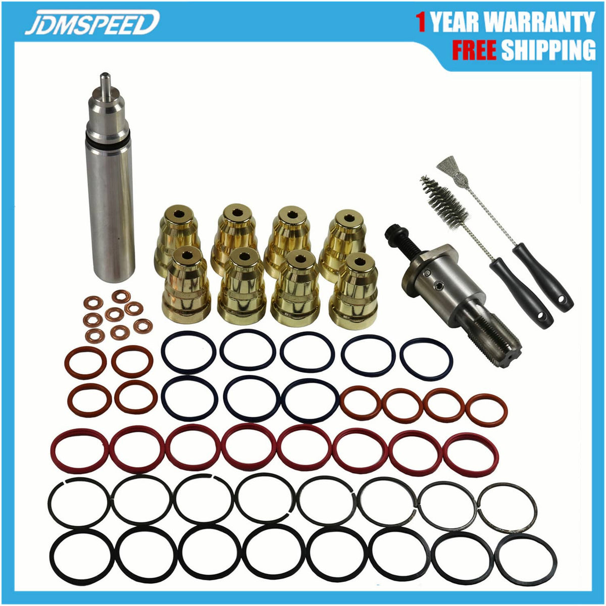 Injector sleeve removal tool kit with brass sleeves, O-rings, and hand tools