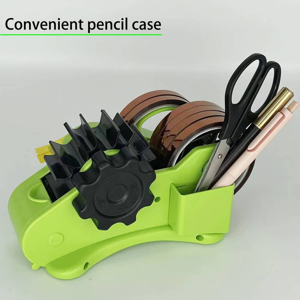 Neon green tape dispenser with black cutter and brown tape rolls plus black scissors
