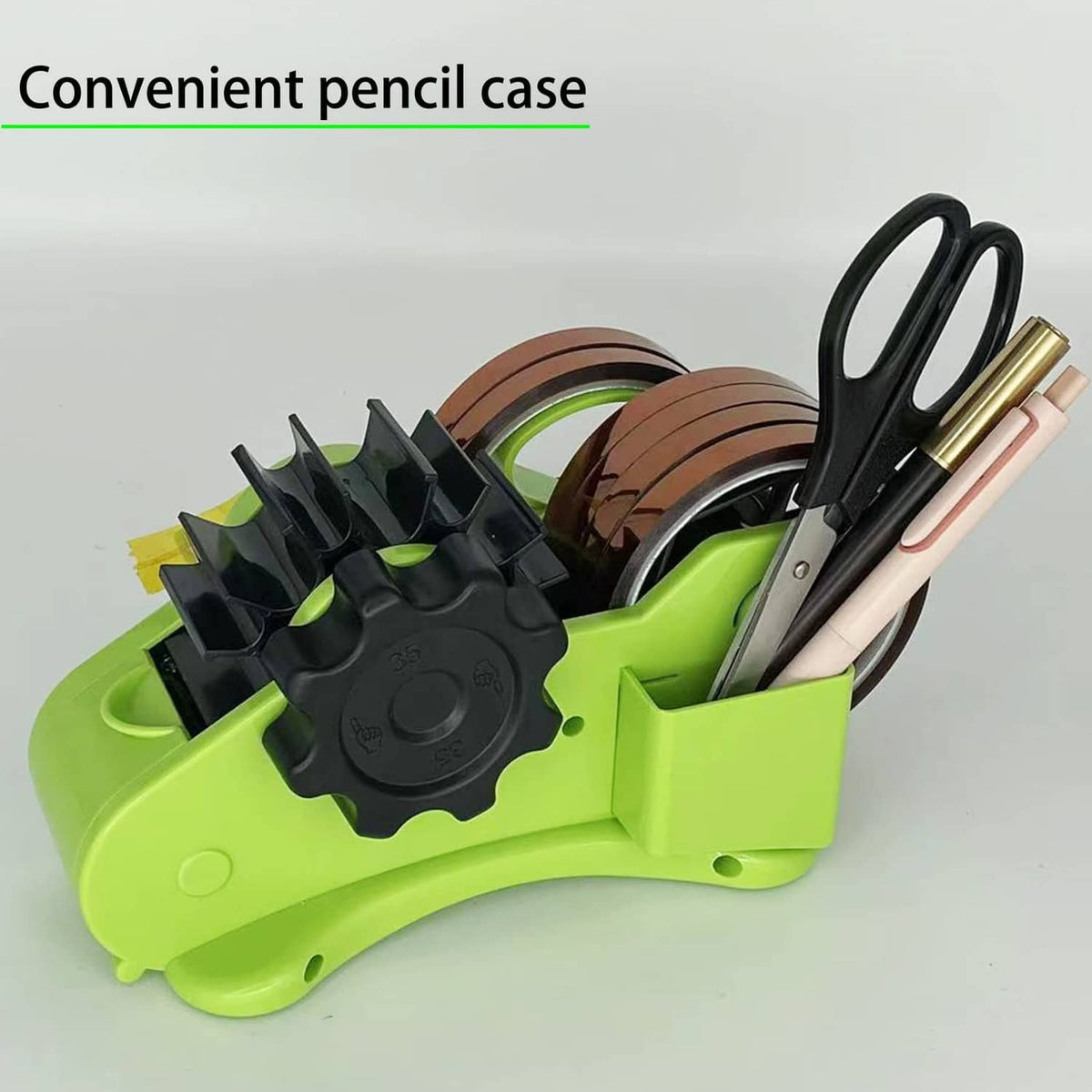 Neon green tape dispenser with black cutter and brown tape rolls plus black scissors