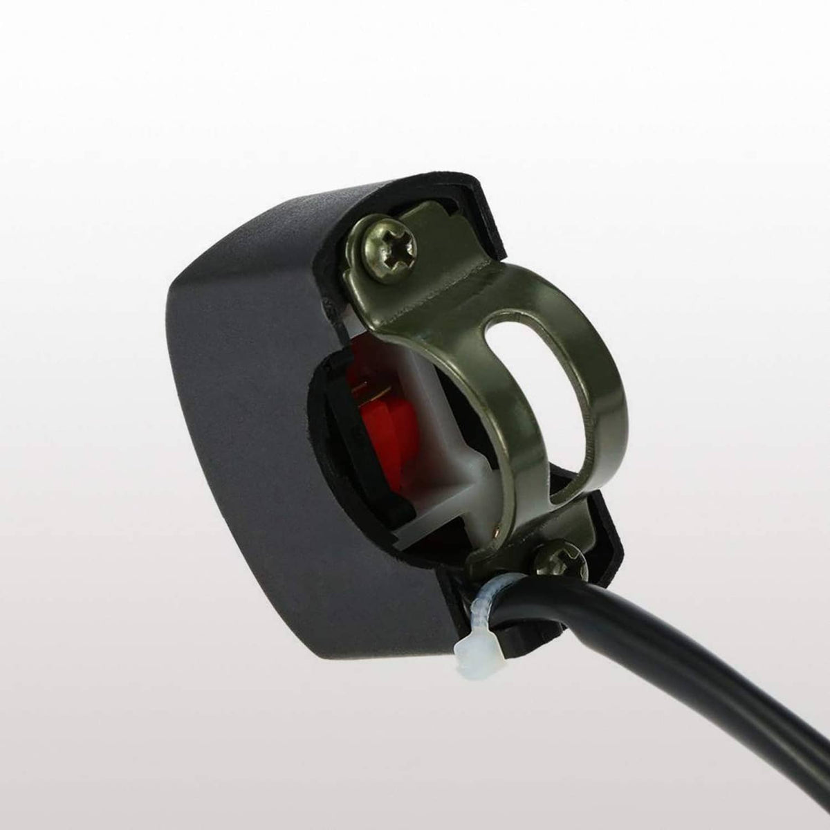 Motorcycle handlebar switch with open connector and red ON/OFF buttons, black casing