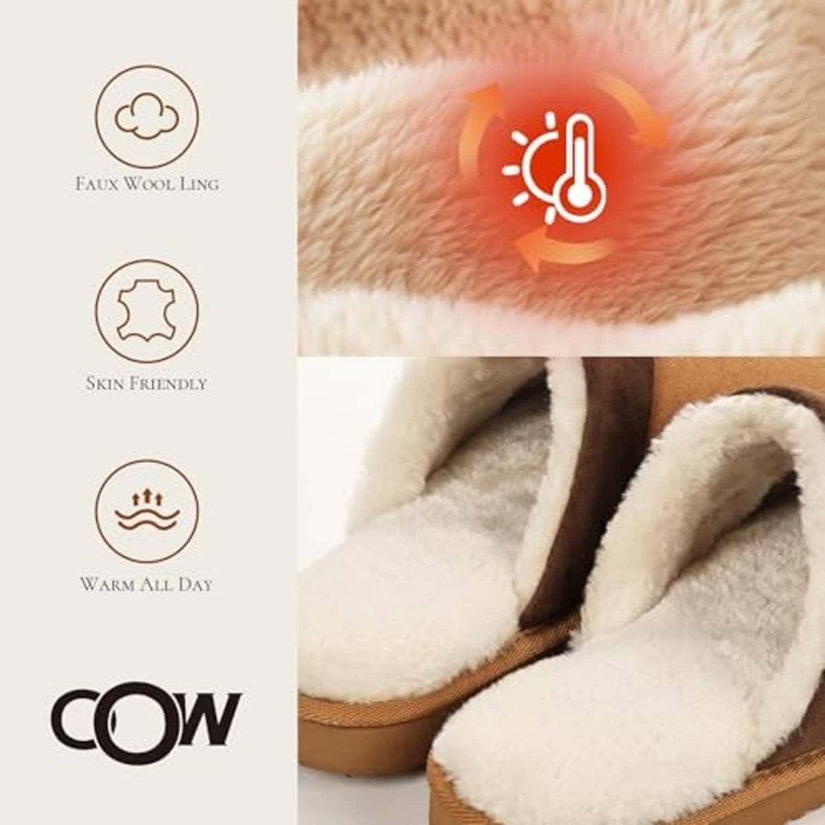 Chestnut slip-on slippers with thick white faux-fur lining and brown cuff