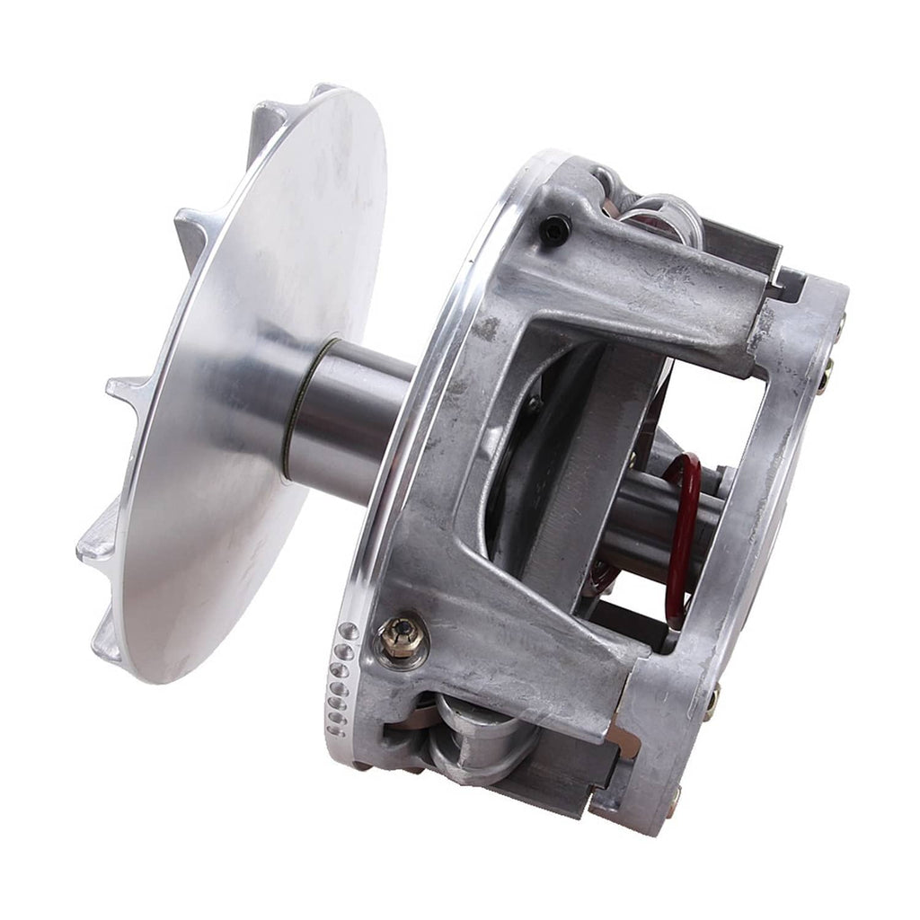Angled view of metal primary clutch assembly with shaft, housing plate, and spring