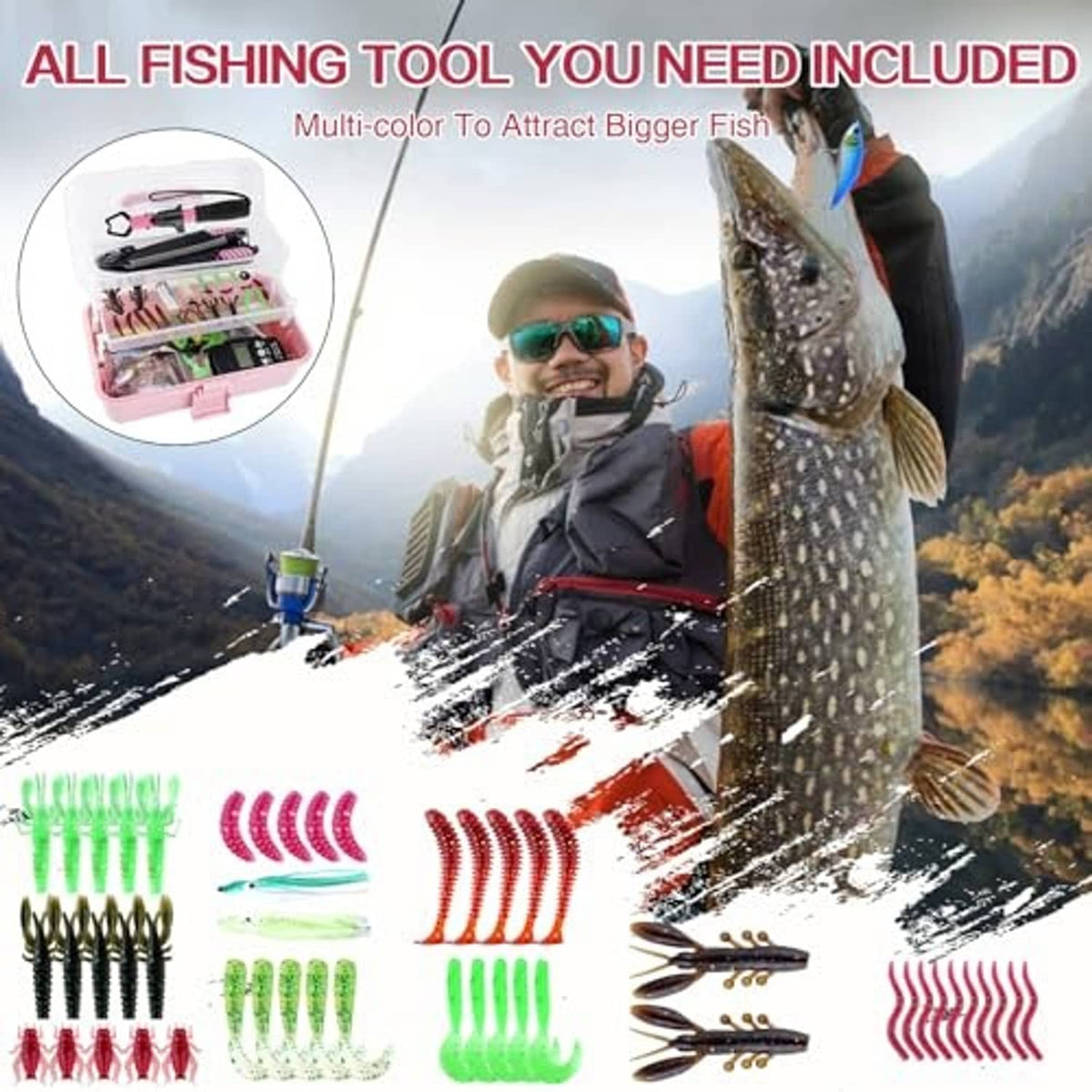Pink fishing tackle box with clear lid and assorted tackle included in the kit