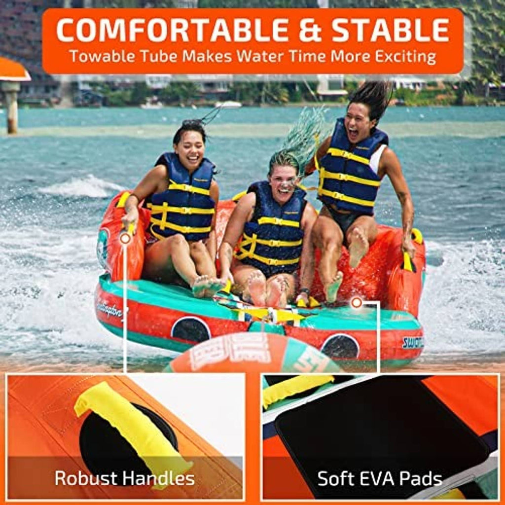 Orange-and-teal towable boat tube with stable design, robust handles and cushioned pads