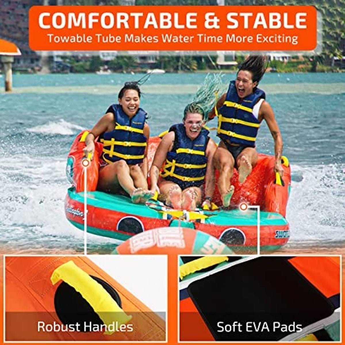 Orange-and-teal towable boat tube with stable design, robust handles and cushioned pads