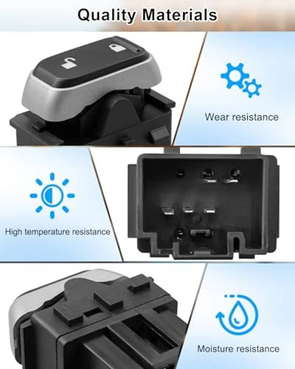 Power door lock and window switch assembly, rear connector ports and mounting tabs