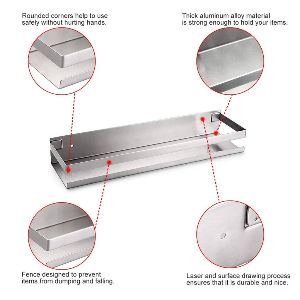 Stainless steel shower shelf with thick frame and rounded edges, screw-mount design