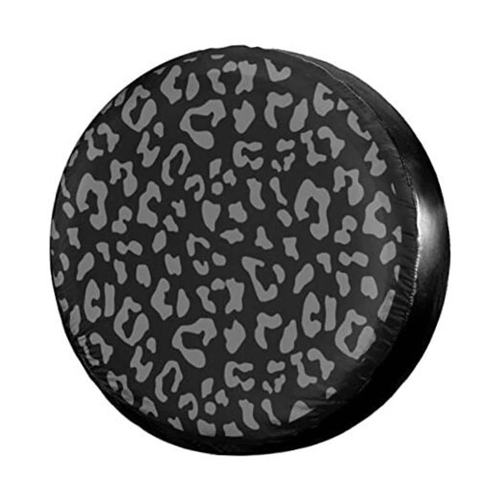 Spare tire cover with black fabric and gray leopard-print pattern, circular design