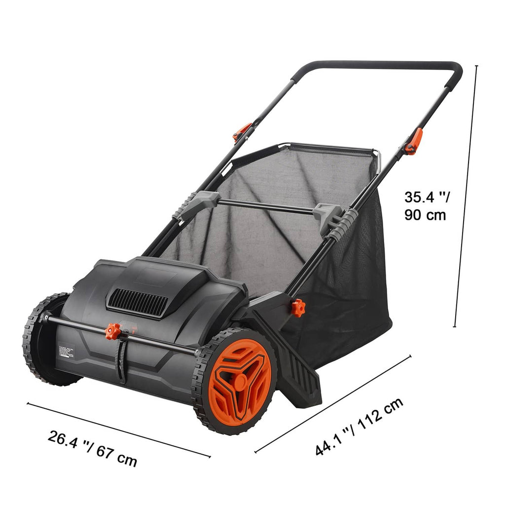Lawn leaf sweeper with tall handle, black hopper bag, and orange wheel brush