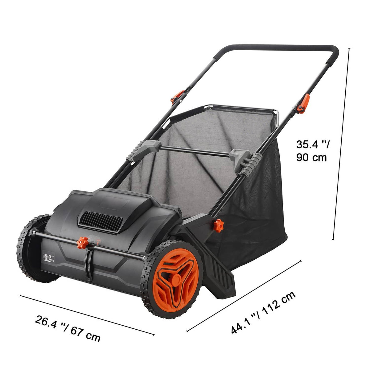 Lawn leaf sweeper with tall handle, black hopper bag, and orange wheel brush