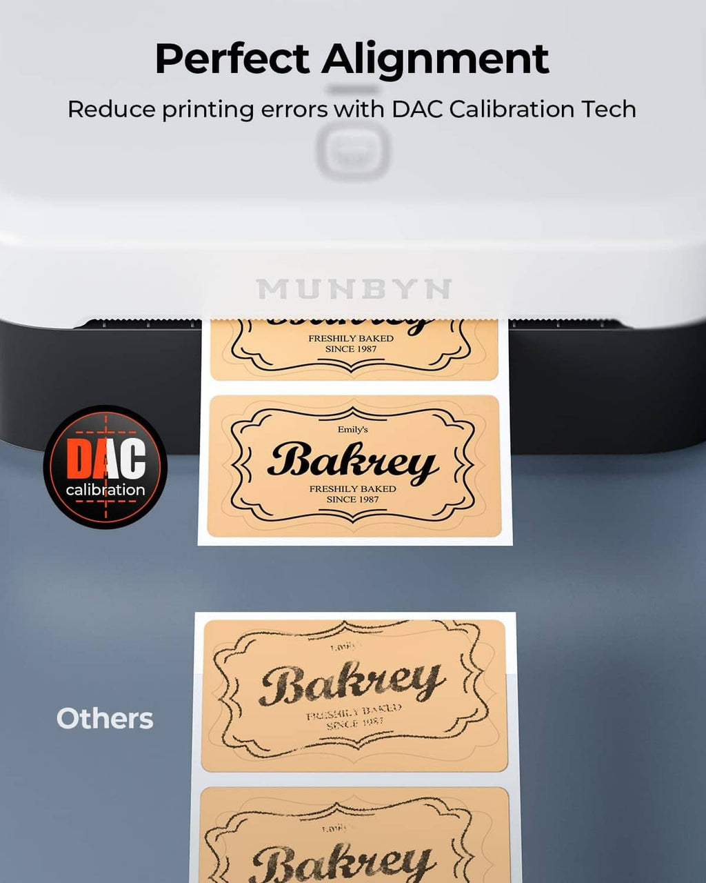 Thermal label printer showing aligned label placement for fewer printing errors
