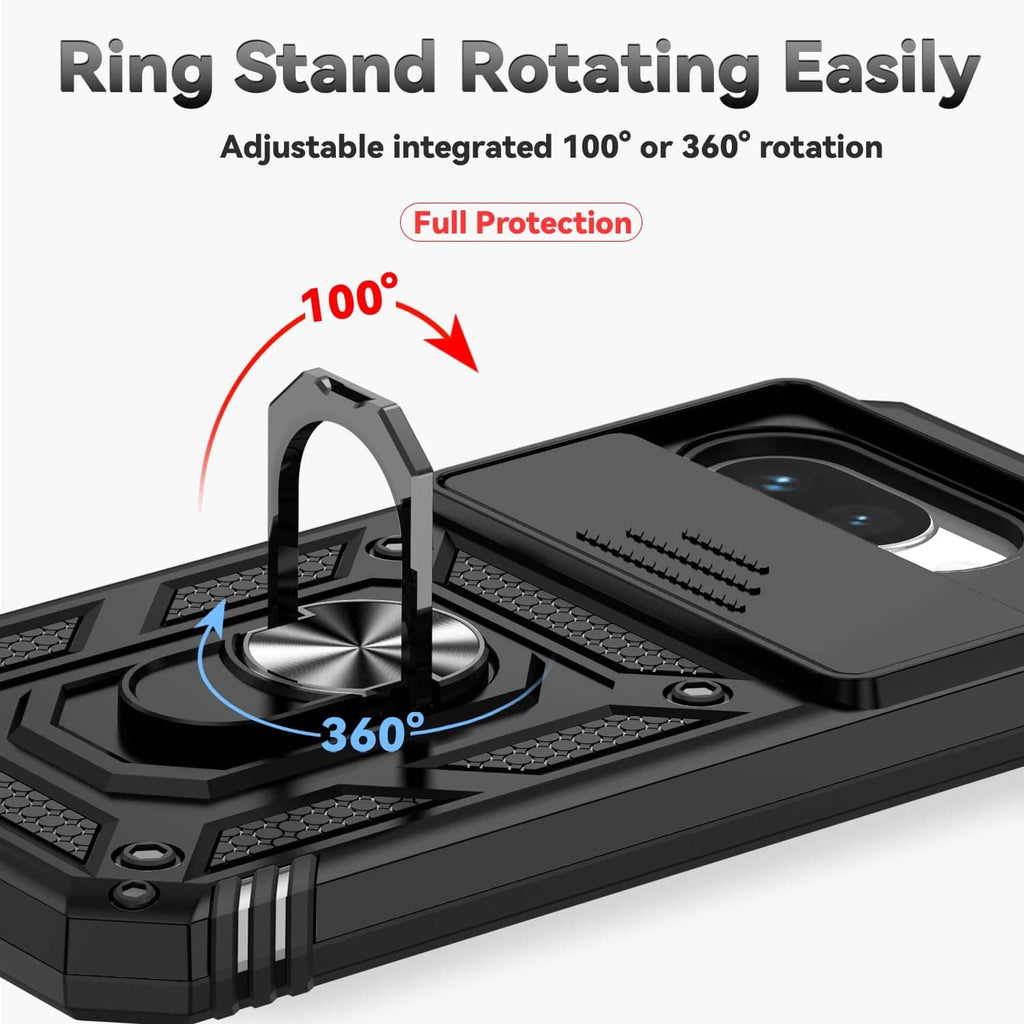 Black phone case with rotating ring kickstand and camera lens opening