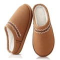 Chestnut suede slip-on slippers with white faux-fur lining and zigzag trim