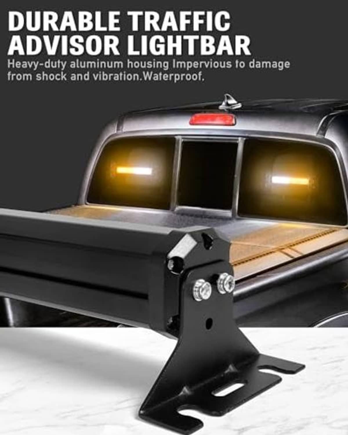 Durable traffic advisor light bar with black mounting bracket and amber LED lens