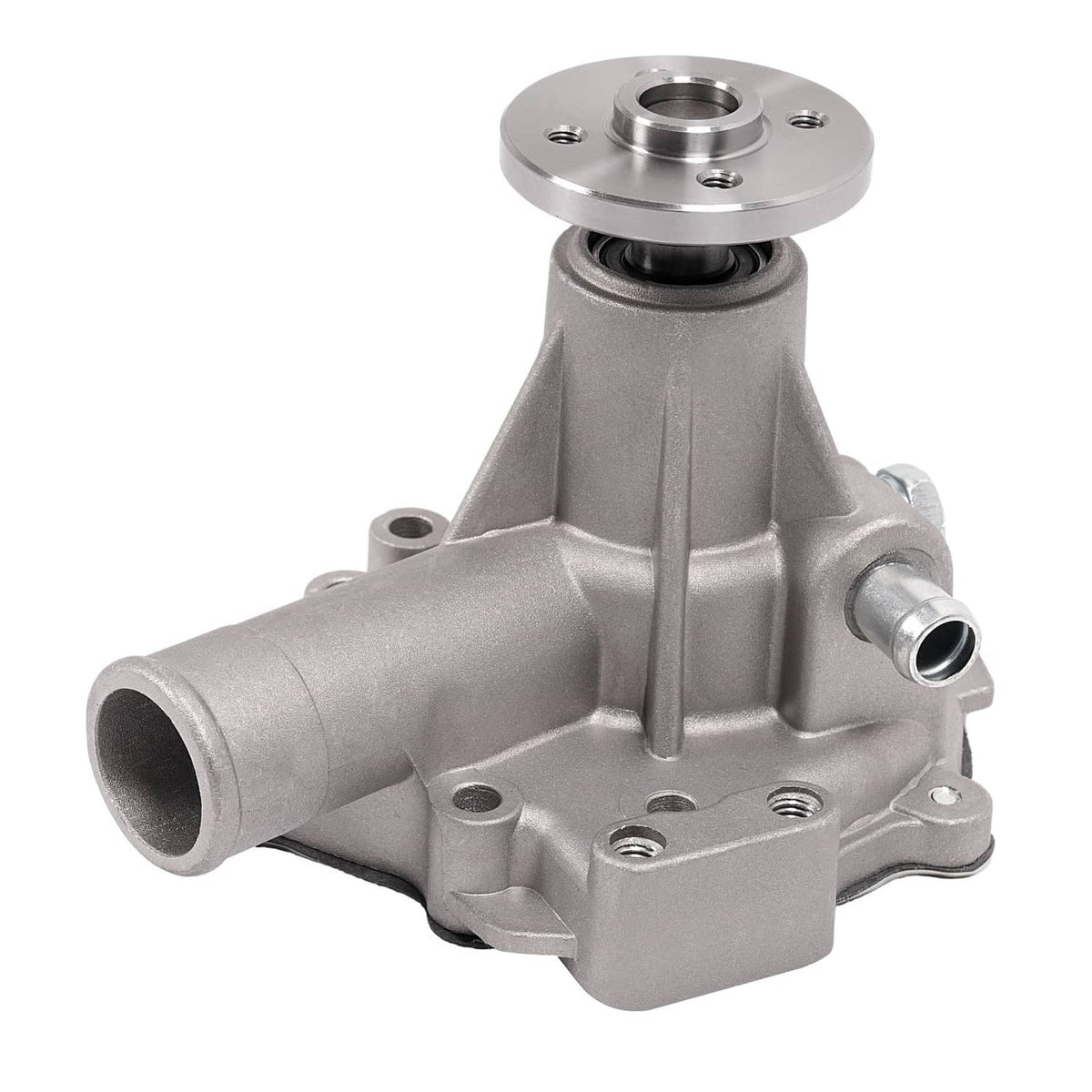 Water pump assembly with long side outlet and pulley hub, silver metal finish