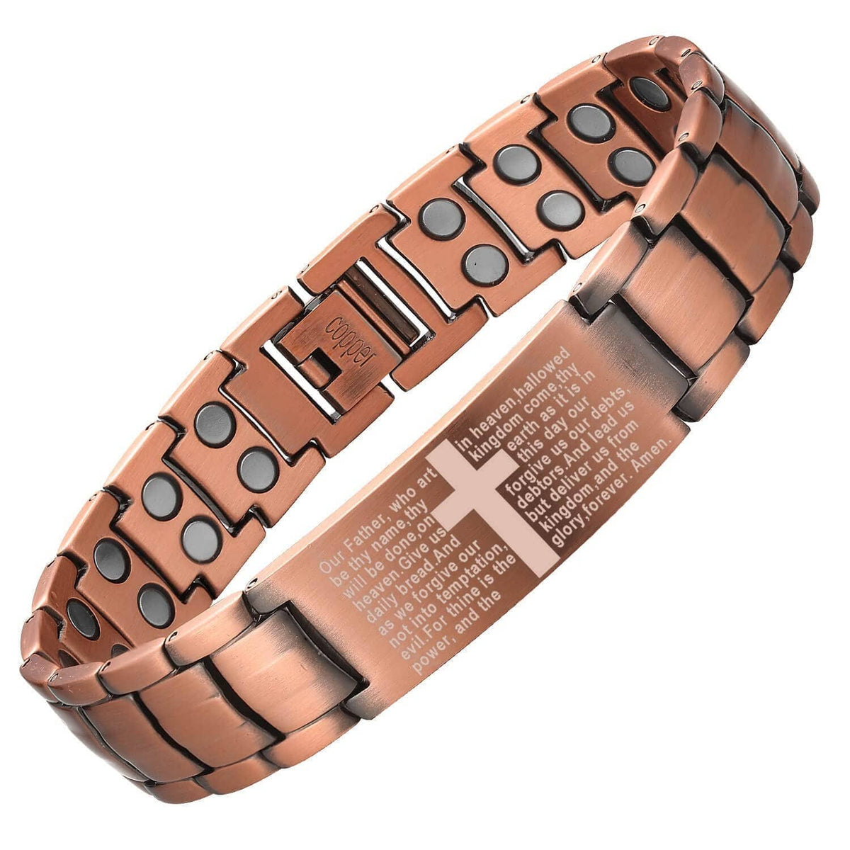 Copper magnetic bracelet for men with linked plates, oval studs, and hinged clasp