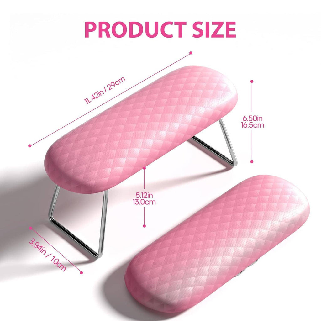 Pink nail arm rest cushion with quilted surface and chrome metal base
