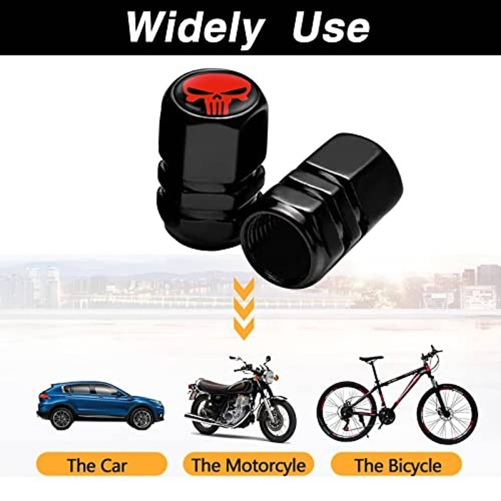Two black tire valve stem caps with red skull emblem, dustproof airtight design