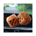 Brown fuzzy plush dice with black dot faces, hanging pair on strings