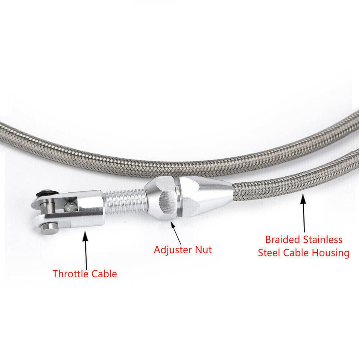 Throttle cable end fittings with adjuster nut and braided stainless cable housing