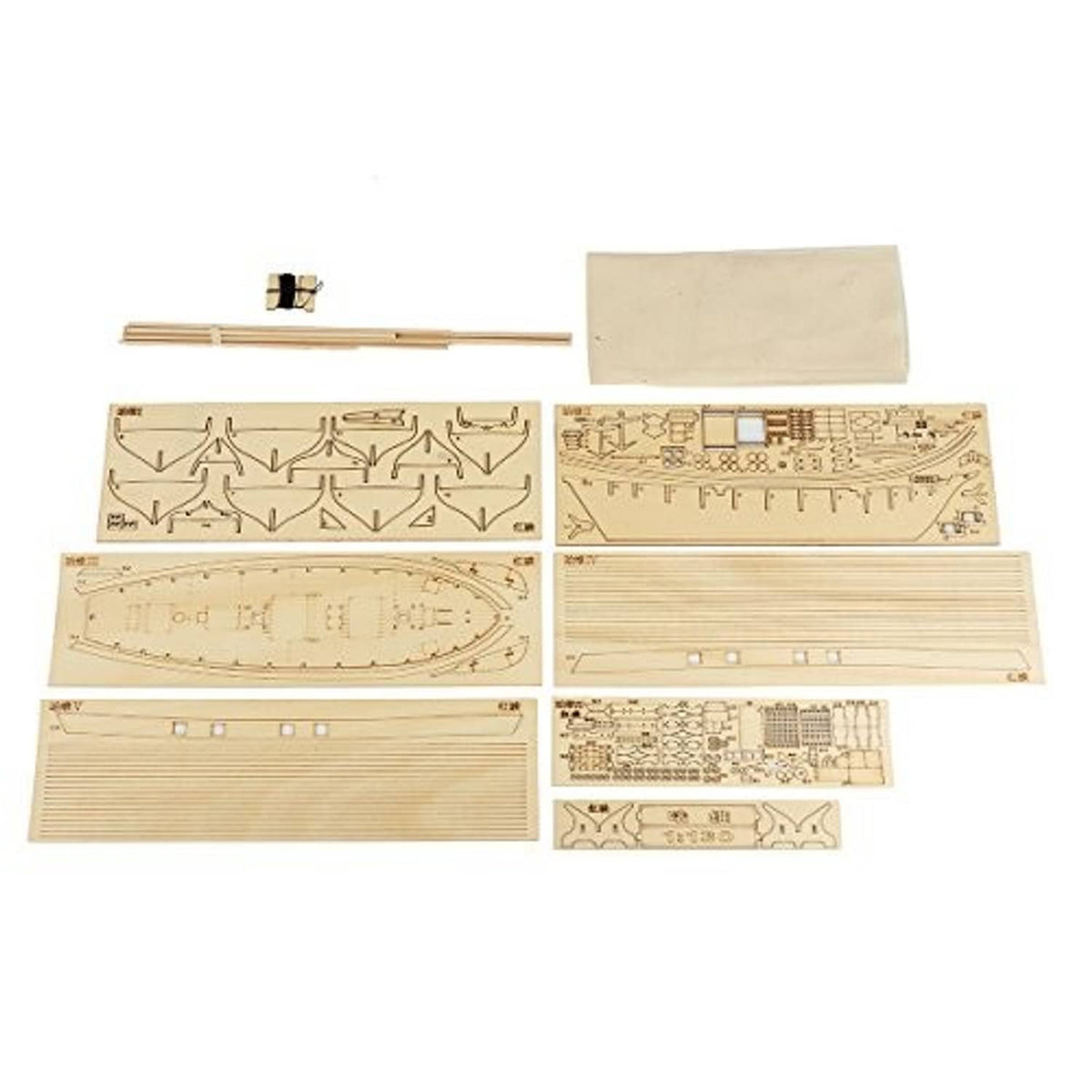 Laser-cut wooden ship model kit sheets with preprinted deck and hull parts