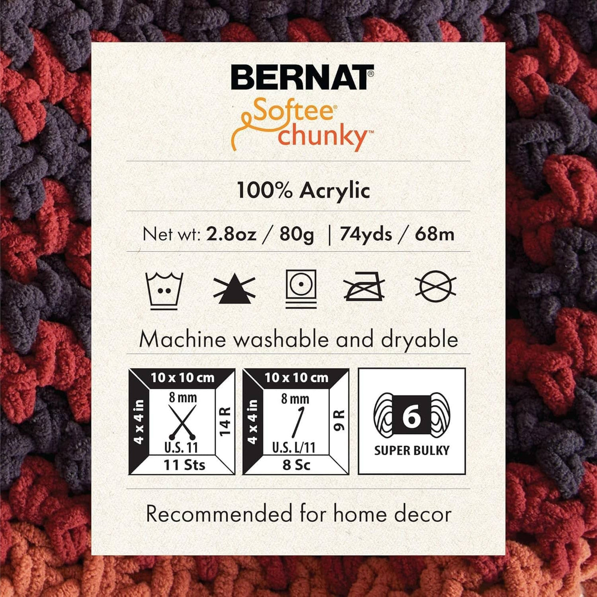 Super bulky chunky acrylic yarn label, glowing gold color info