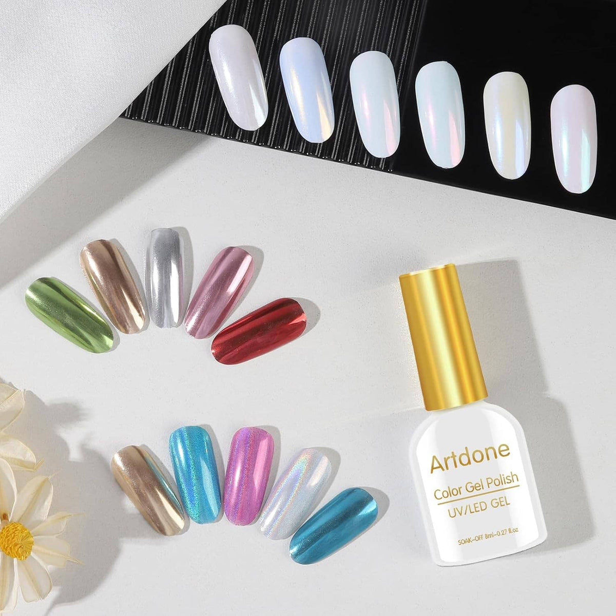 Artidone UV/LED gel polish bottle with chrome nail swatch set in glossy metallic colors