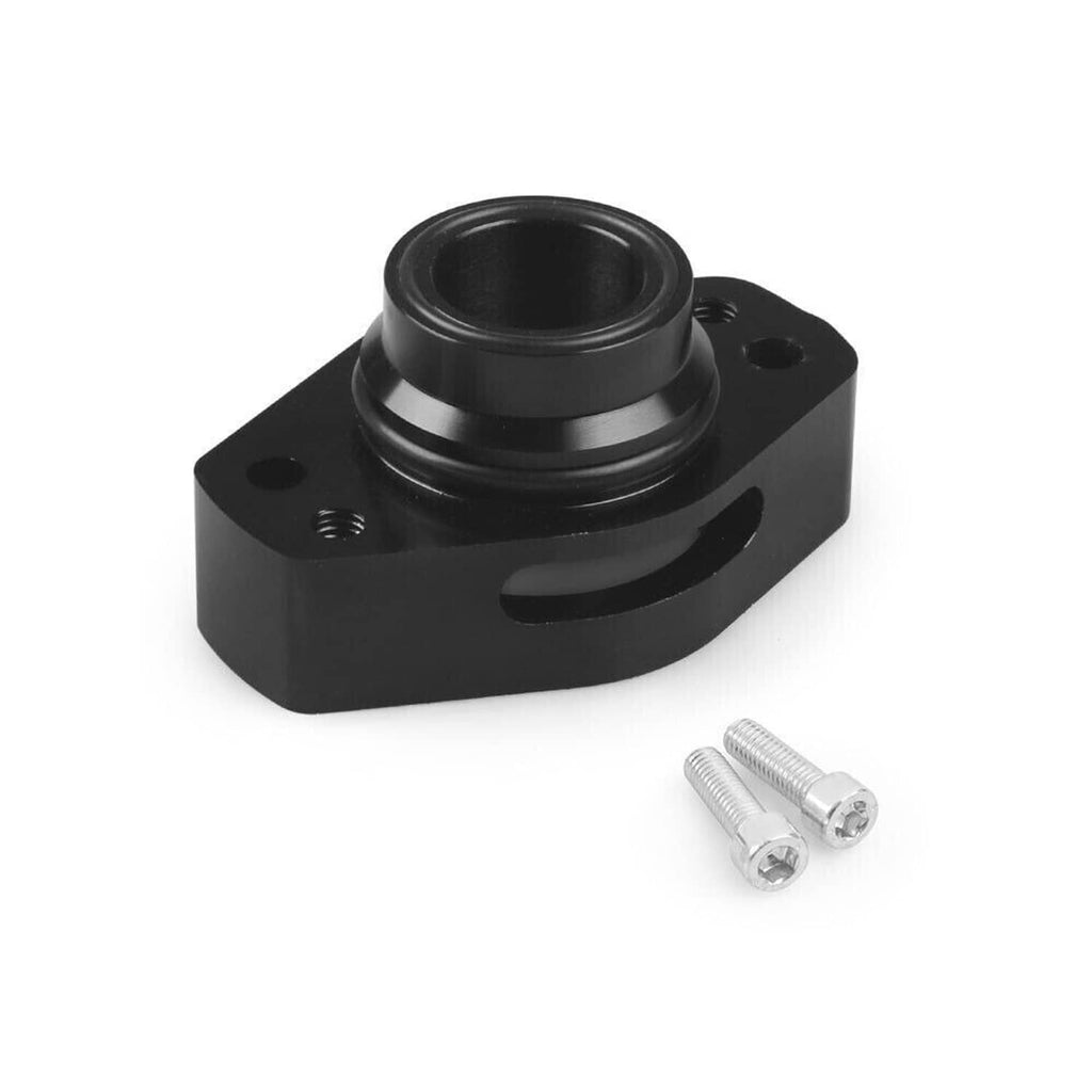 Black turbo blow off valve adapter with mounting flange and included silver bolts