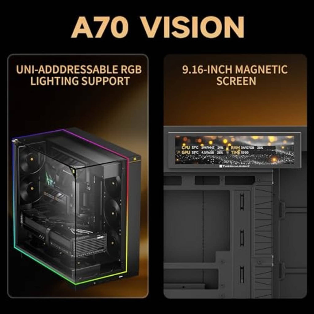 Gaming PC case with UNI-addressable RGB lighting support and 9.16-inch magnetic screen