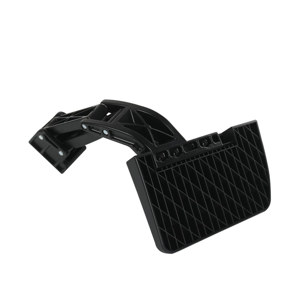 Black folding retractable rear step with diamond-grip footplate and bracket