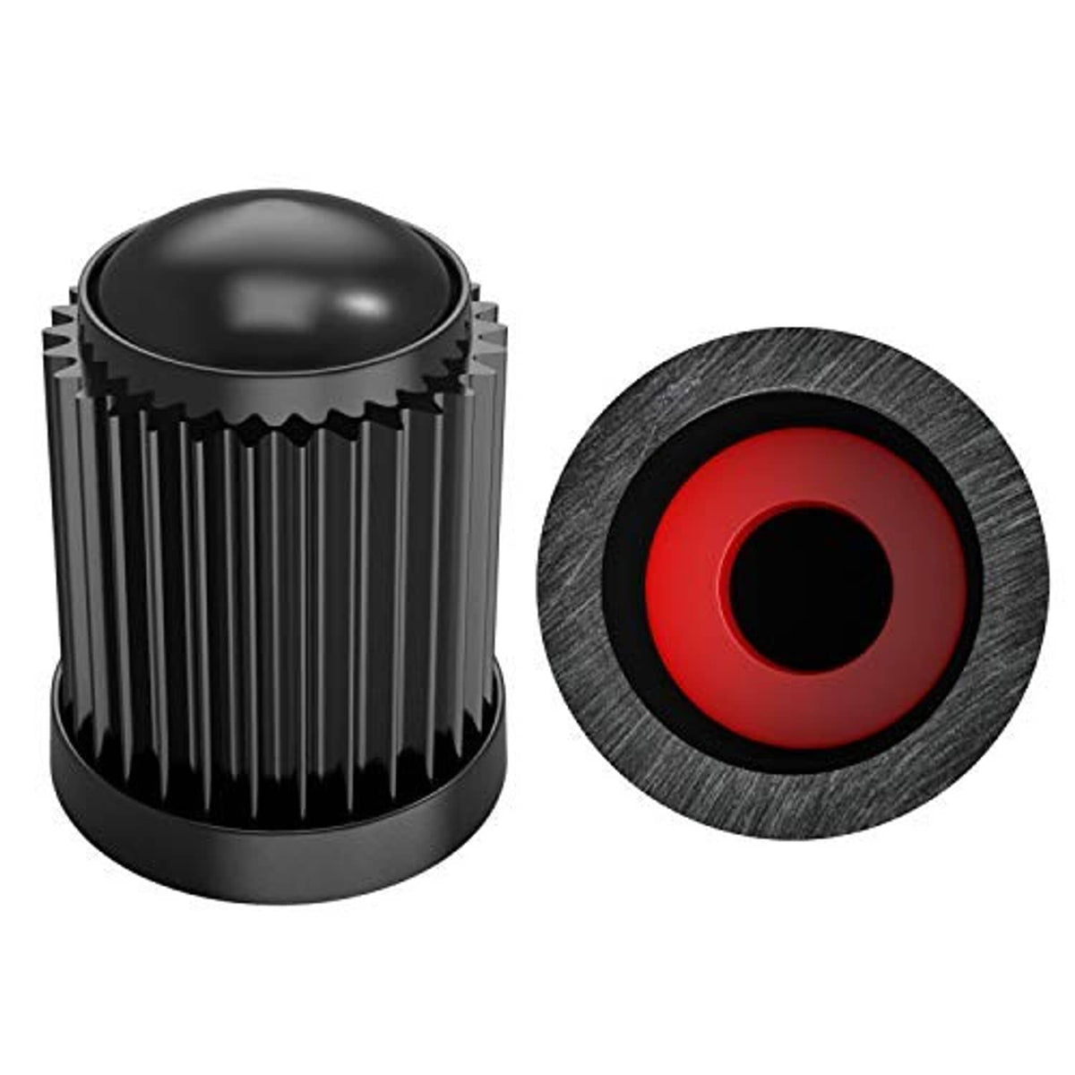 Black tire valve stem caps with red center insert, shown with one rubber O-ring