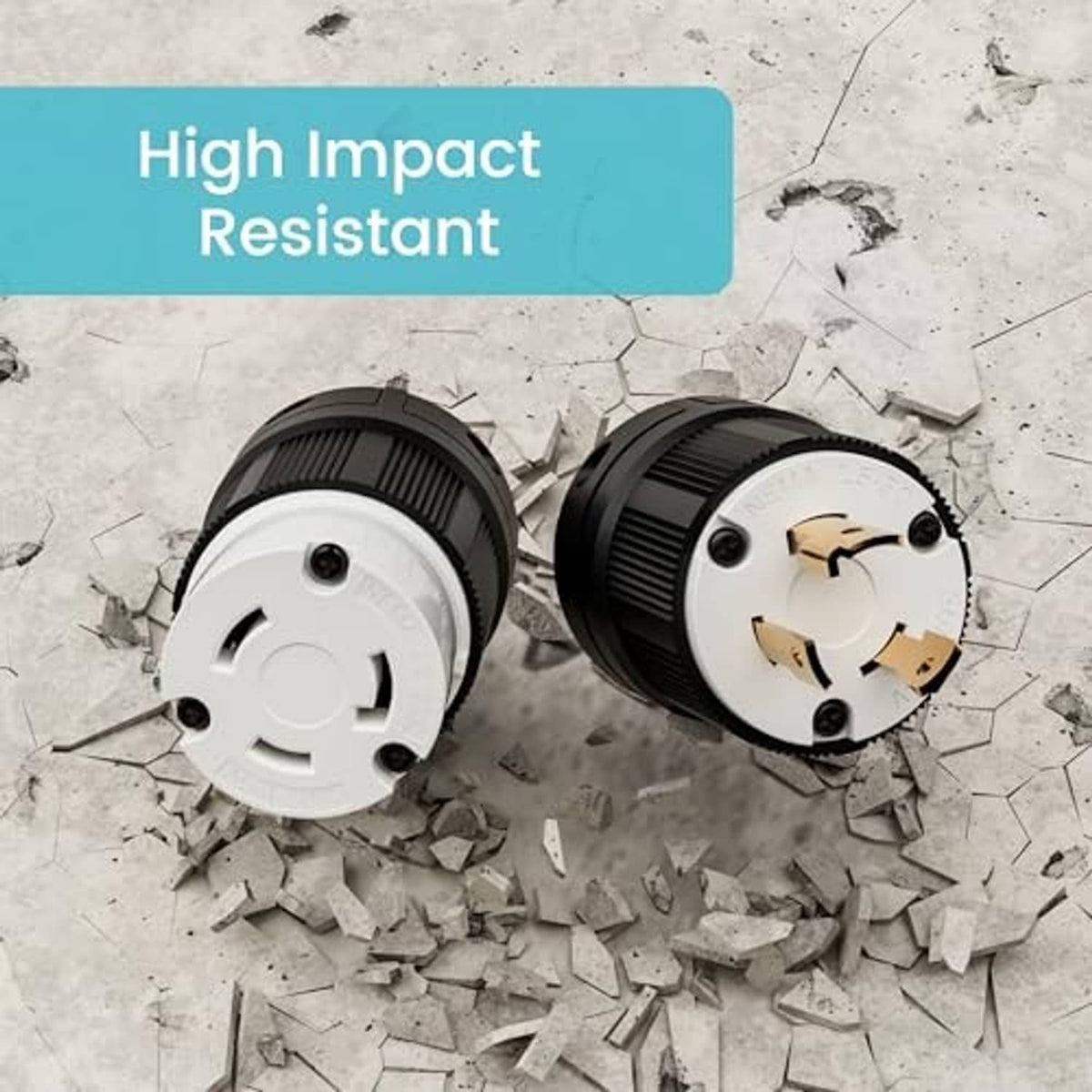 Impact-resistant twist-lock plug adapter, white face and black body with locking features