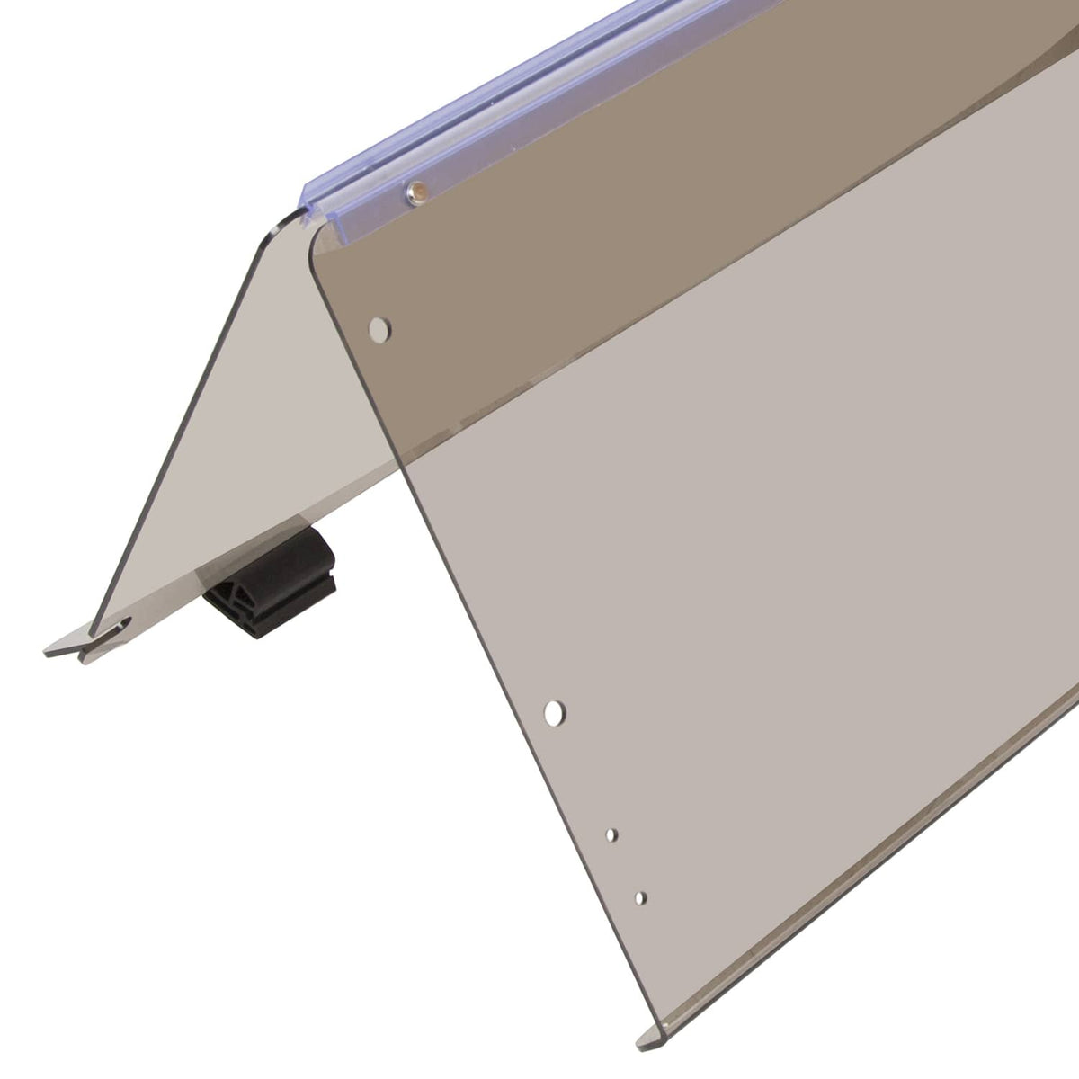 Fold-down tinted windshield panel showing hinge and bottom mounting tabs