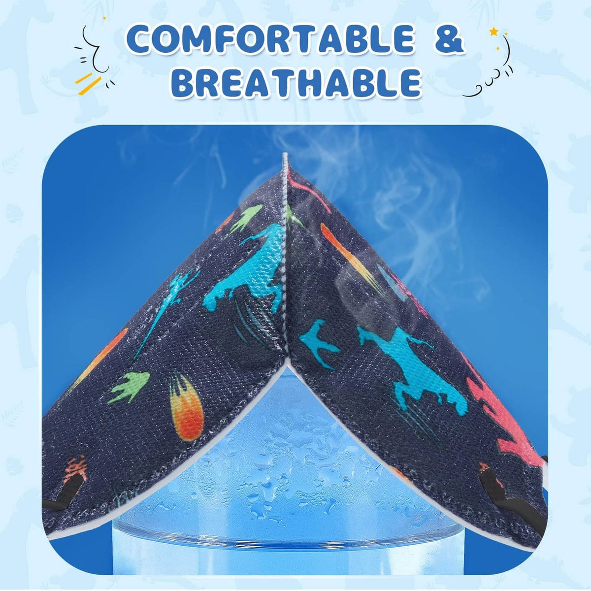 Kids KN95 face mask, pleated navy dinosaur pattern front
