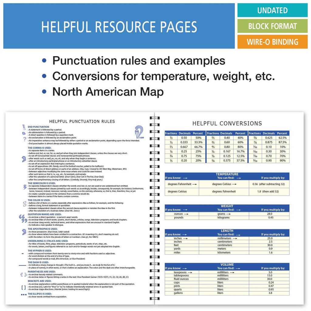 Undated student planner open to helpful resource pages with conversion and map charts