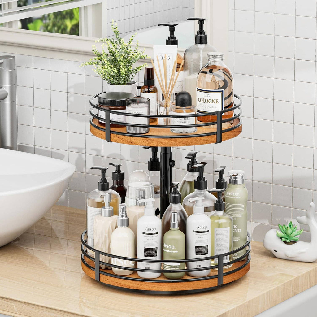 Two-level rotating spice organizer with pump bottles and glass jars on wire shelves
