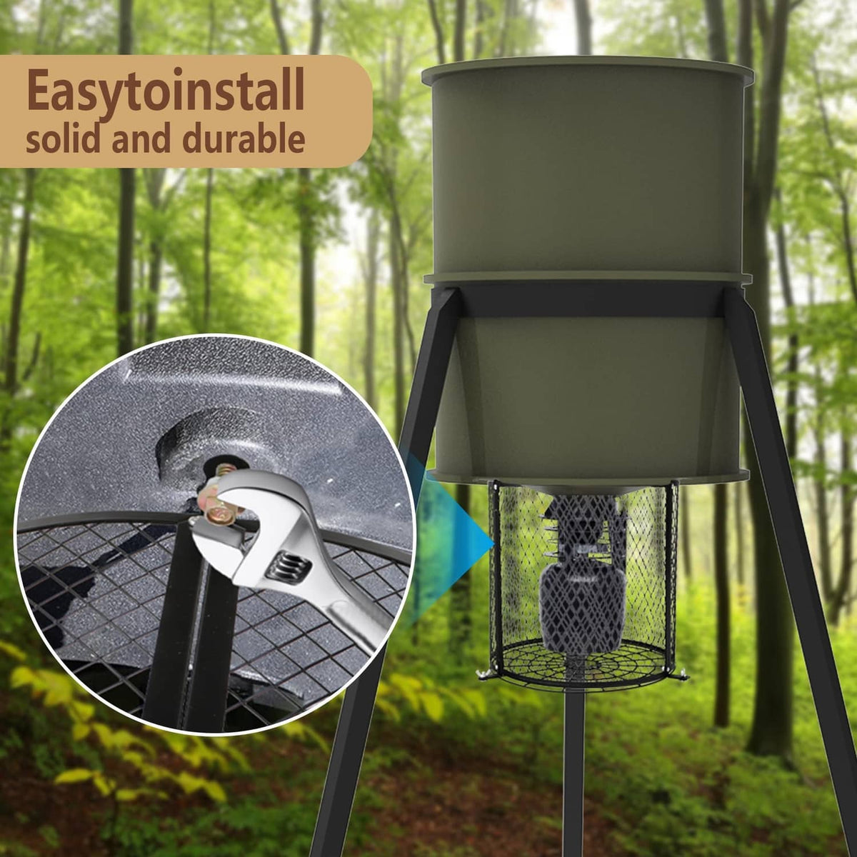 Green deer feeder hopper with black wire varmint guard cage and three metal legs