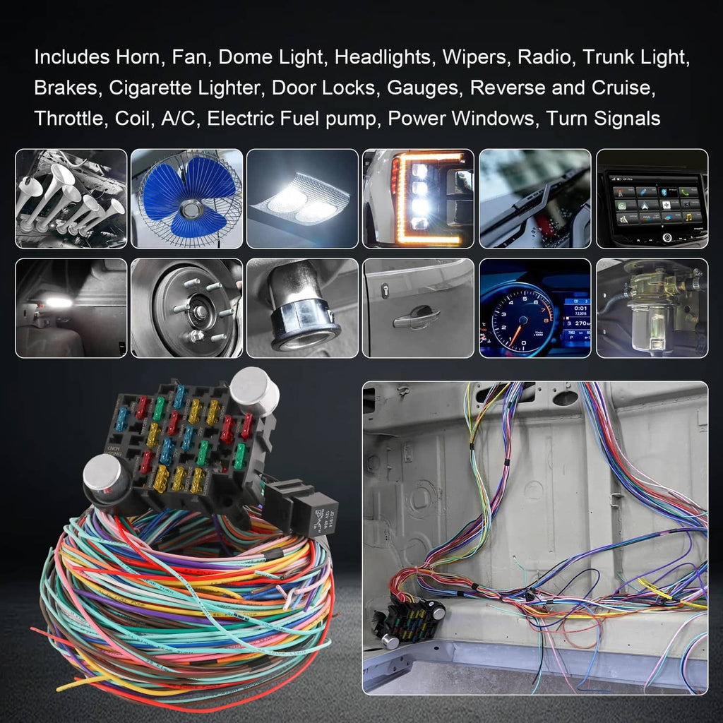21-circuit wiring harness kit with bundled multi-color wires and multiple connector plugs