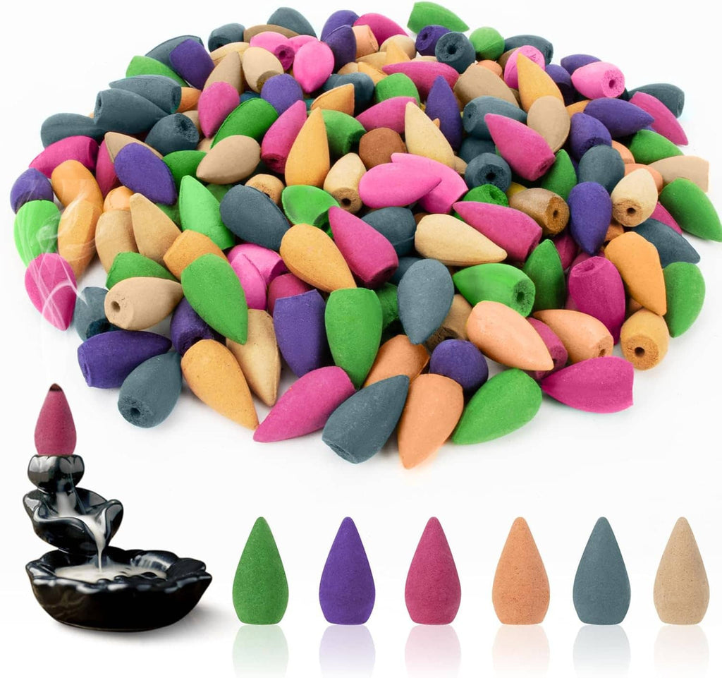 Backflow incense cone set, multicolor cones with black waterfall-style incense holder