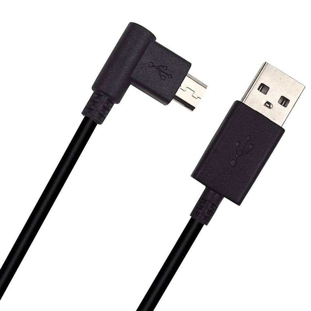 Black charging cable with USB-A plug and compact angled connector for data sync