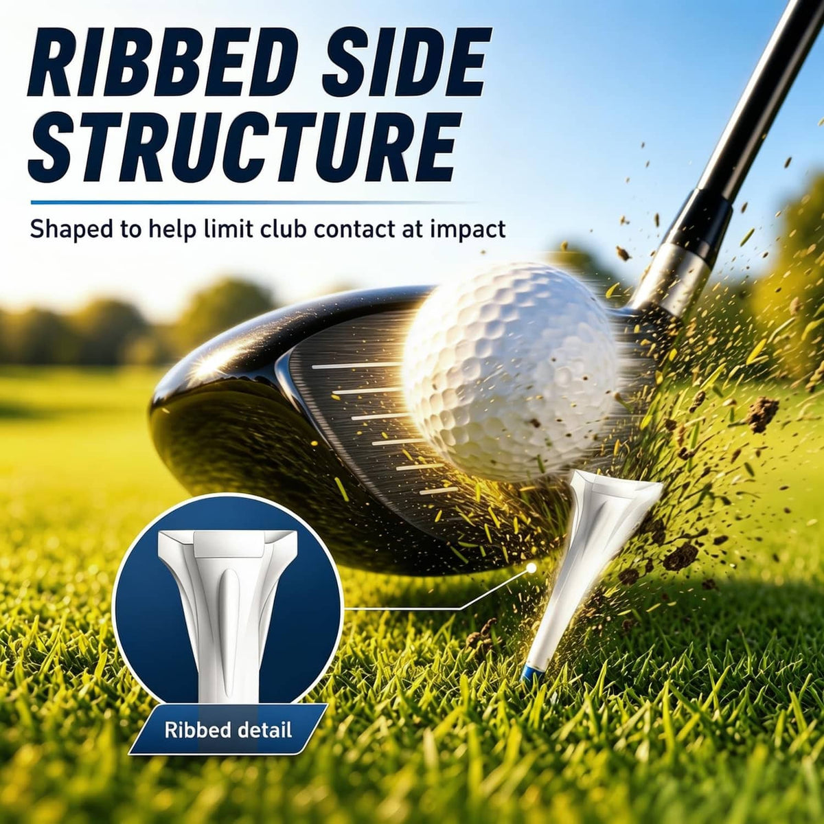 Ribbed-side plastic golf tee, white with blue-striped shaft for tee-off