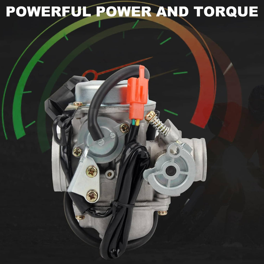 Carburetor assembly with air filter and black intake hose on engine mount