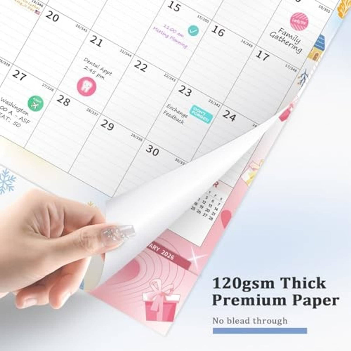Calendar page close-up being flattened; 120gsm thick premium paper label