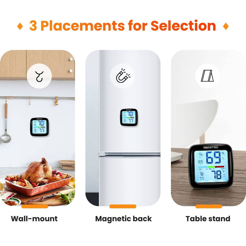 Digital hygrometer with wall-mount, magnetic back, and table stand for indoor use