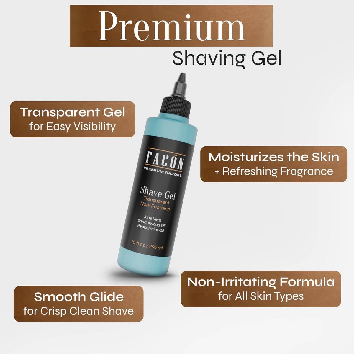 FACON premium shaving gel bottle with black nozzle cap, teal container.
