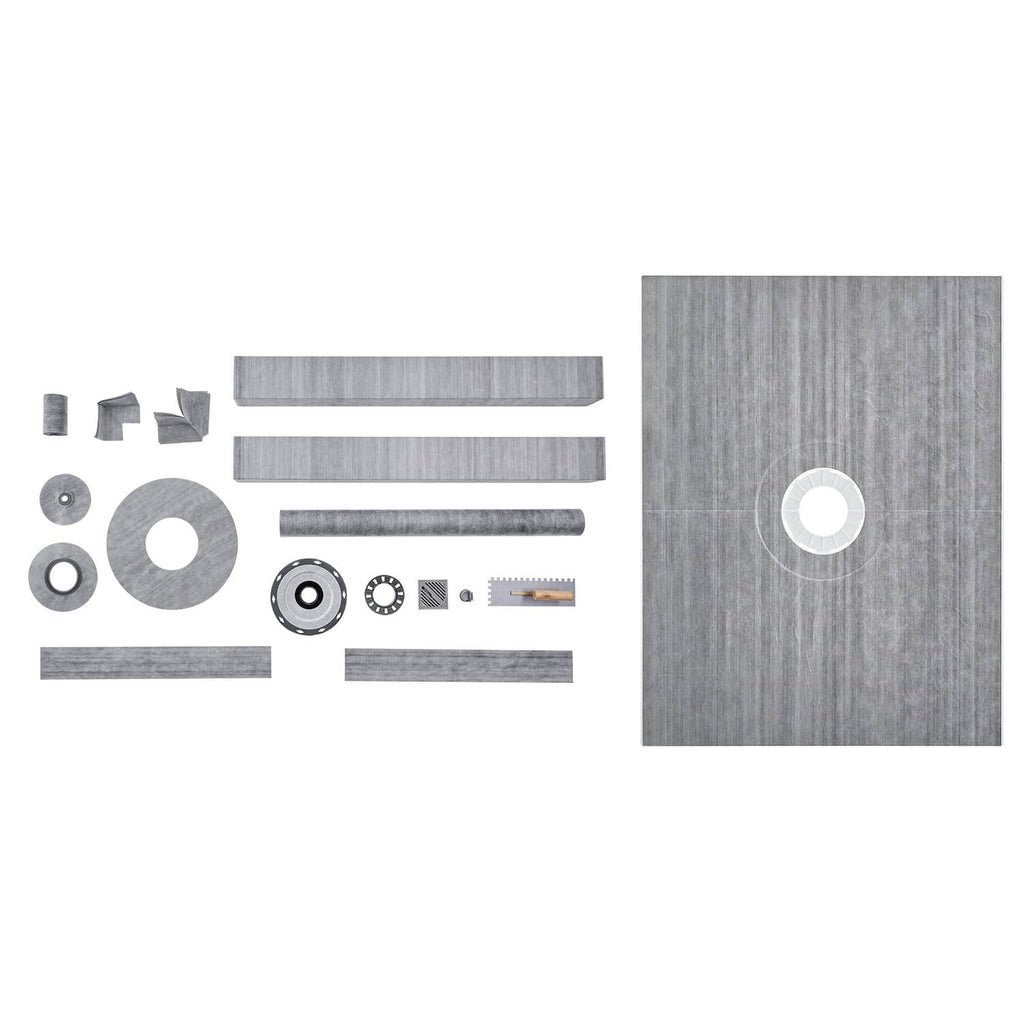 Exploded view of gray shower curb kit components, including flange ring and gaskets