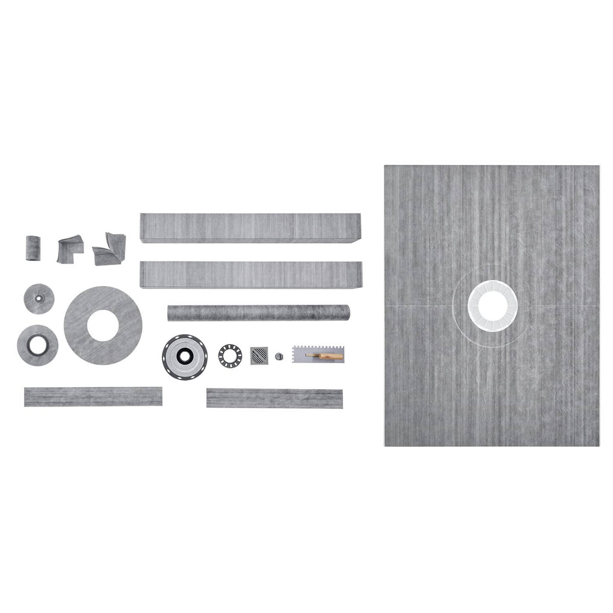 Exploded view of gray shower curb kit components, including flange ring and gaskets