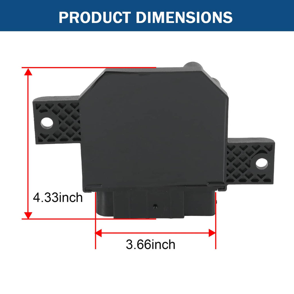 Black fuel pump control module shown with size measurement diagram and mounting ears