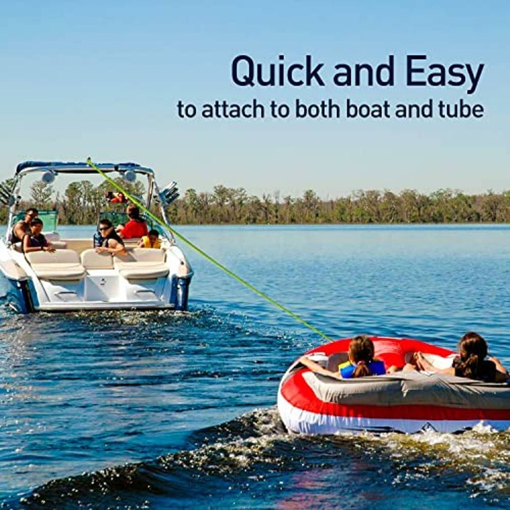 Bright green tow rope trailing from boat toward water tubing raft