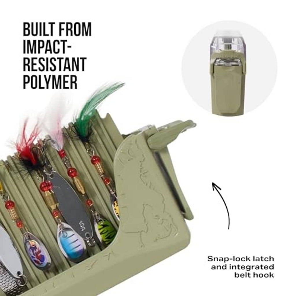 Olive tackle storage box insert with sawtooth grooves, snap-lock latch, and integrated belt hook.